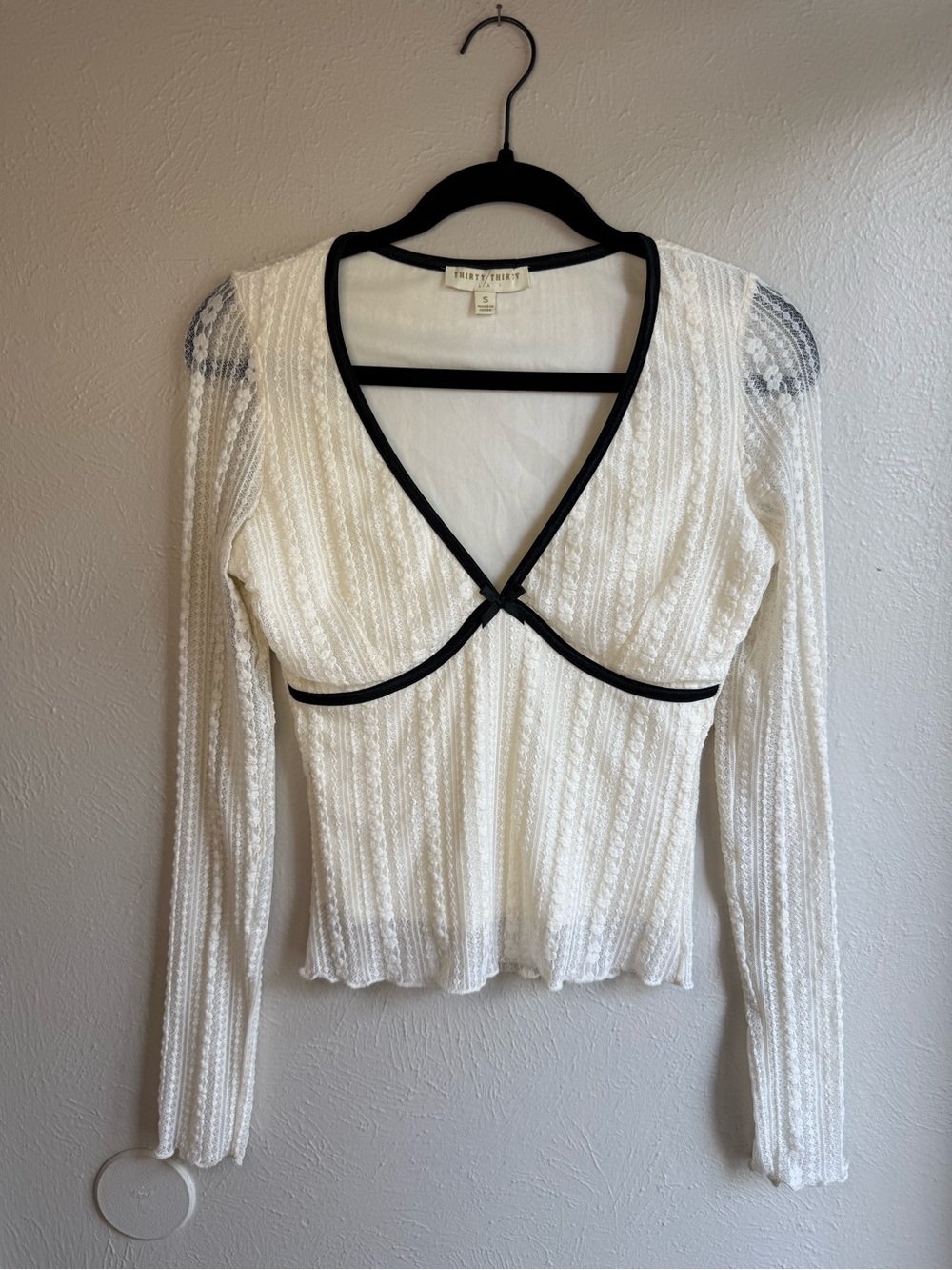 Thirty/Thirty LA Lace-Textured Feminine Long Sleeve Top with Black Velvet Trim